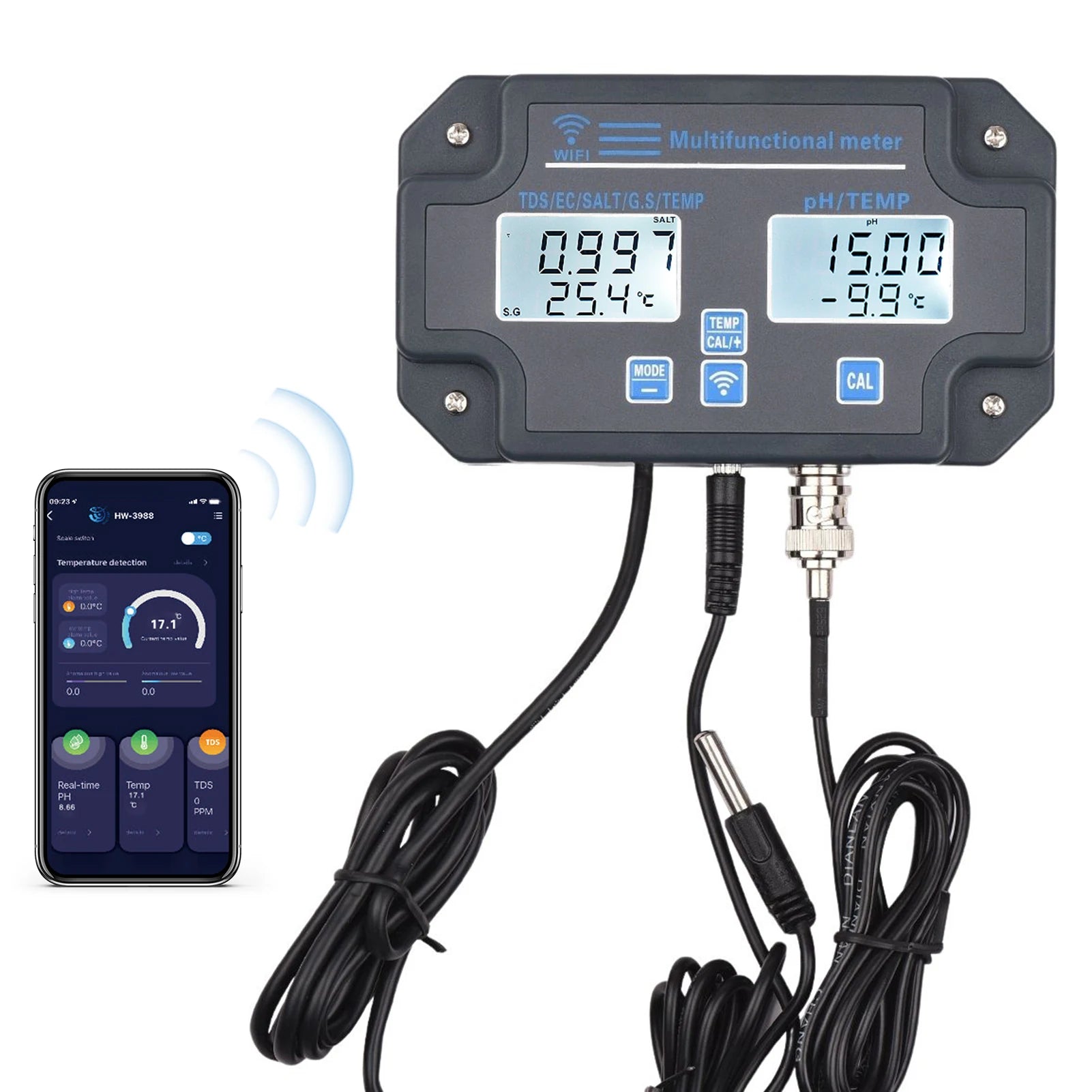 Wifi Water Quality Tester Wall Mounted 6in1 Analyzer PH/EC/TDS/SALT/G.S/Temperature APP Remote Monitoring Alarm Notice 5L for
