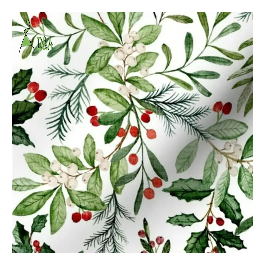 Holly Christmas White Floral 100% Cotton Fabric for Girls Boys for Garments Shirts Crafts Toys Accessories Winter Holiday