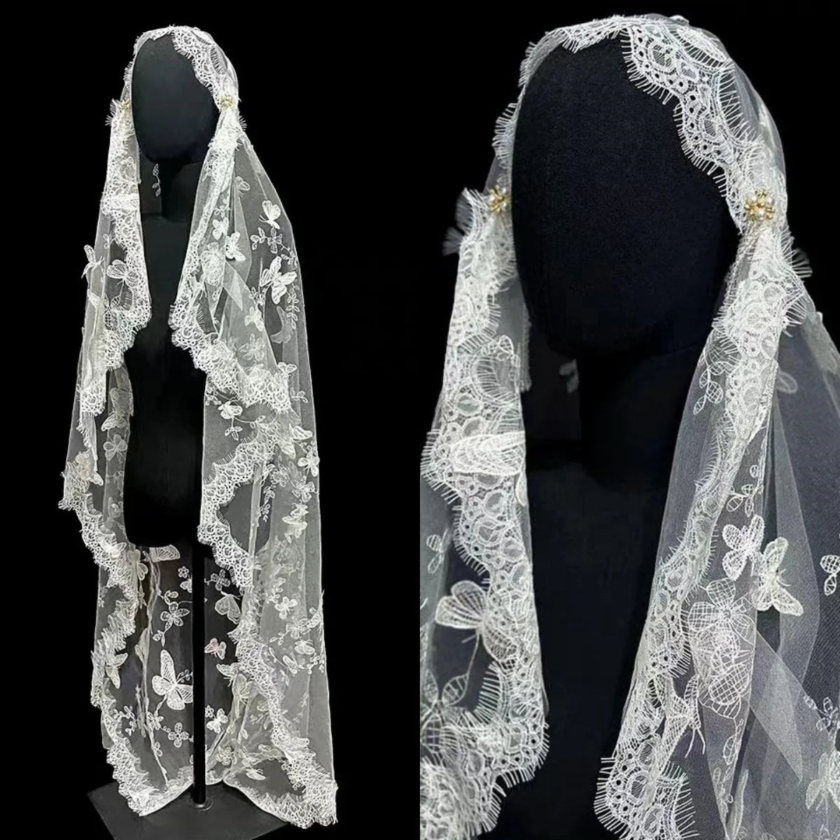 QUEENSGOWN Vintage Chantilly Lace Veil Elegant Bride Veil With Gold Crystal Decoration Women Wedding Dress Veil