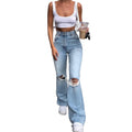 Custom Logo Wholesale Fall Denim Ripped Hole Skinny Fringe Flared Jeans Pants for Women