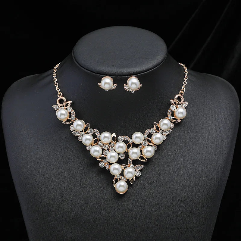 Fashion Dinner Dress Bride Jewelry Pearl Rhinestone Clavicle Chain Necklace Earrings Set for Women