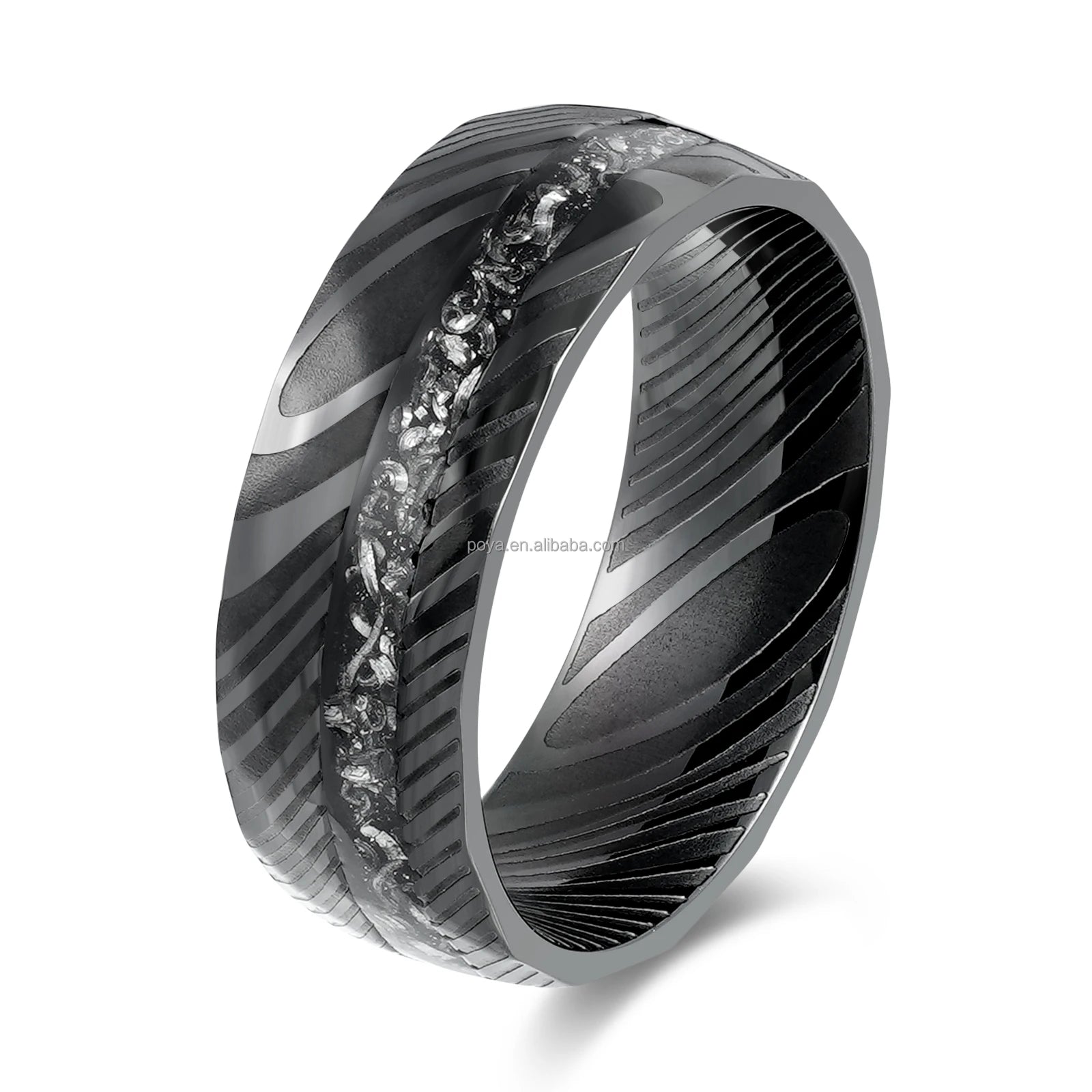 POYA 8mm Black  Stainless Steel Ring Etch Damascus Steel   Galaxy Meteorite Shaving Golden Leaf Inlay Promise Gift for Him