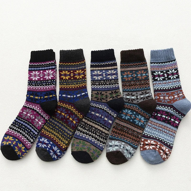 Wholesale Winter Ethnic Snowflake Knitted Nordic Socks Women Vintage Warm Mid Calf Socks Set