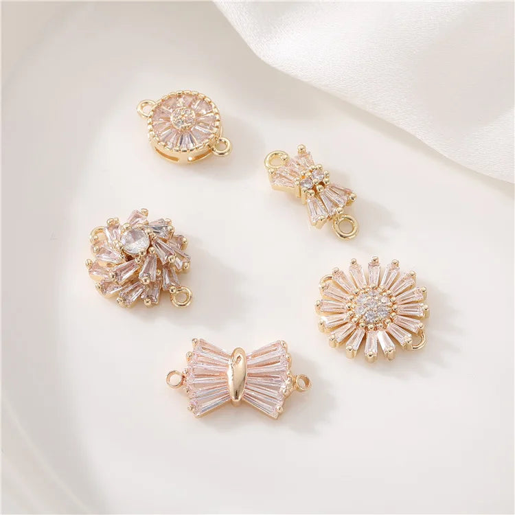 Simple Design Inlaid Zircon 14K Gold Plated Daisy Dandelion Bowknot Pendant Charm for Jewelry Making