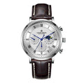 Business Stainless Steel Quartz Watch with Chronograph Moon Phase Date | 3BAR Water Resistant | Genuine Leather Strap