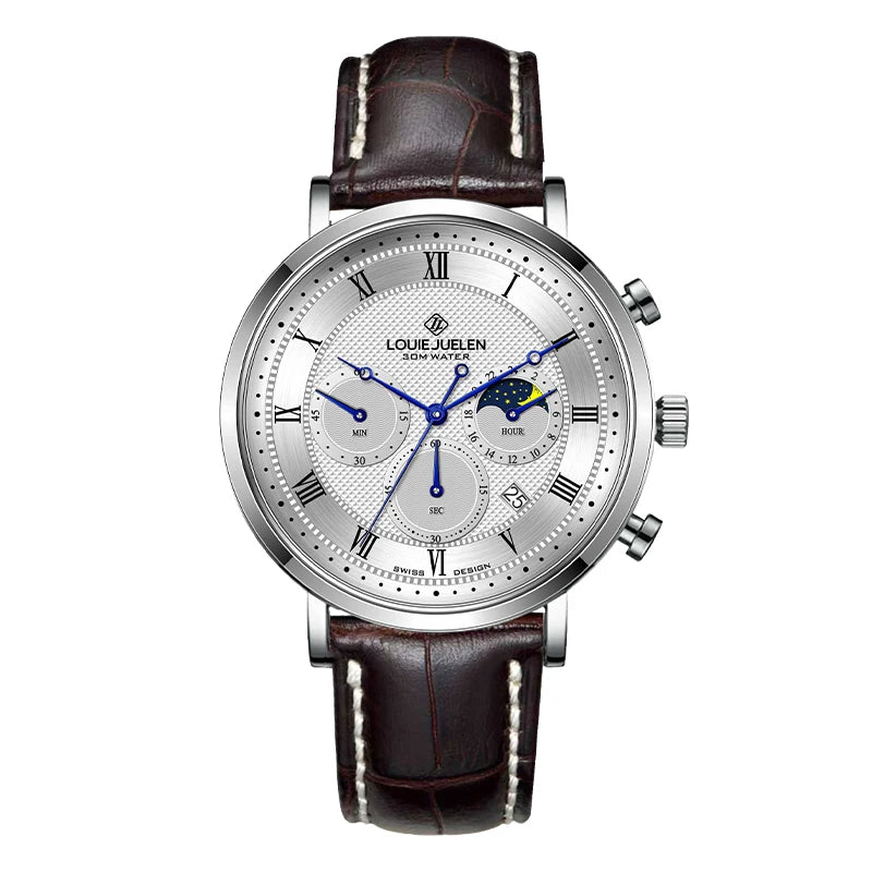 Business Stainless Steel Quartz Watch with Chronograph Moon Phase Date | 3BAR Water Resistant | Genuine Leather Strap