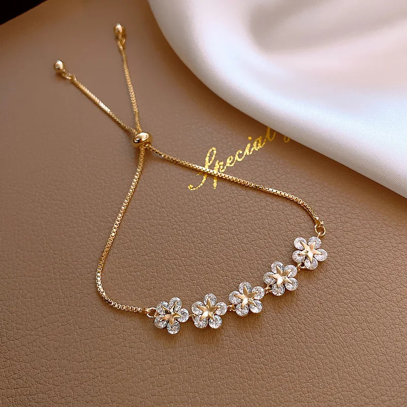 Fashionable Stainless Steel Pull Adjustment Zircon Petal Bracelet Women