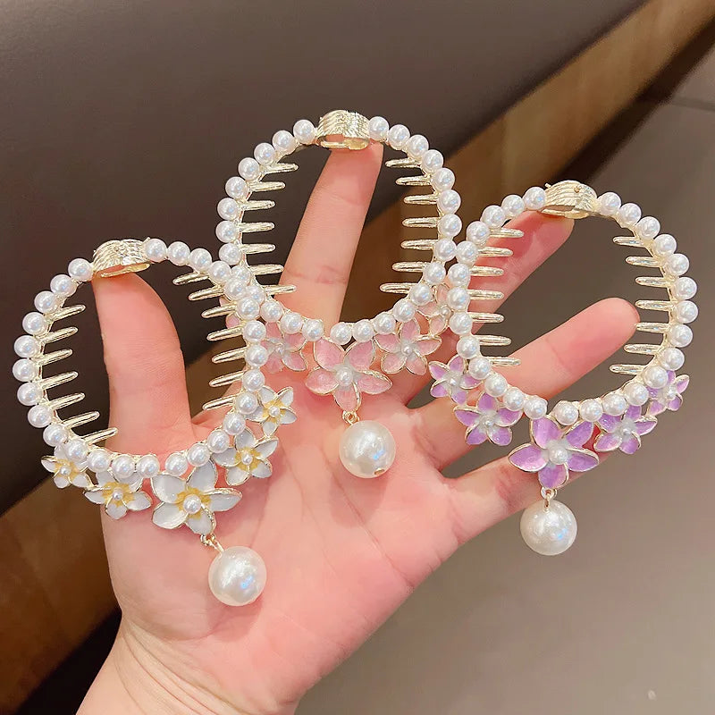 Rhinestone Pearl Flower Tassel Ponytail Barrette for Women Crown Hairpin on the Back of the Head Crystal Rhinestone Hair Claw
