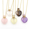 Gold Plated Natural Amethyst Pink Peach Heart Shaped Perfume Bottle Pendant Necklace Glass and Stone Perfume Bottle Pendant
