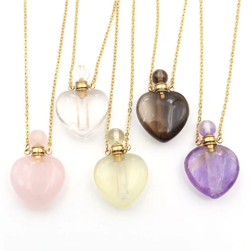 Gold Plated Natural Amethyst Pink Peach Heart Shaped Perfume Bottle Pendant Necklace Glass and Stone Perfume Bottle Pendant