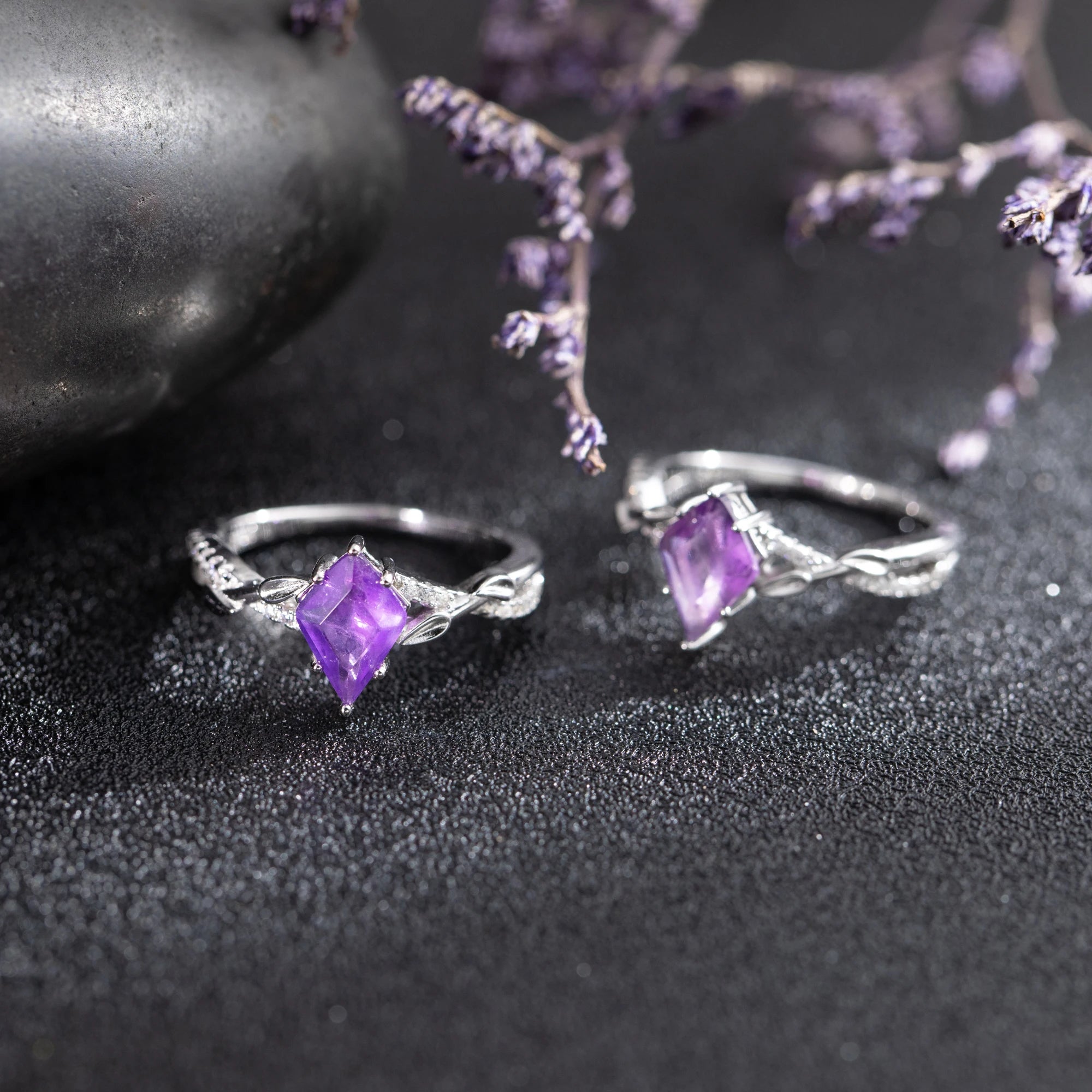 Unique Luxury Style 925 Sterling Silver Natural Amethyst Kite Shape Engagement Diamond Wedding Ring Women's Rings