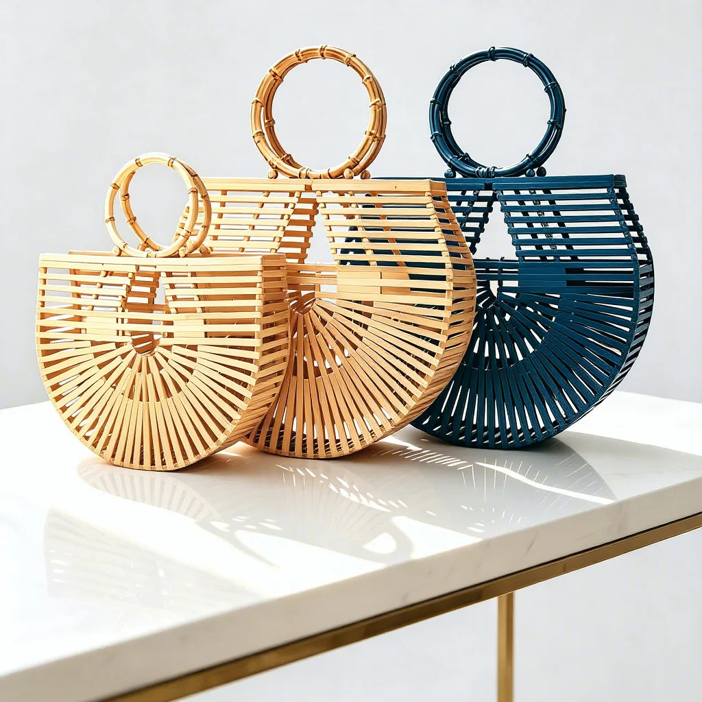 Women Bamboo Bags With Bamboo Handle Half Moon Handbag Bamboo Handmade Bag for Summer Outings