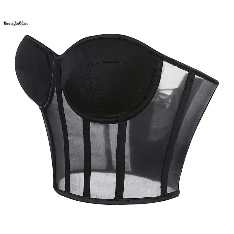 Size S-XXXL Women's Strapless Lacing Bandage Corset Black Padded Bra Bustier Breathable Nonwoven Mesh Crop Top with T String