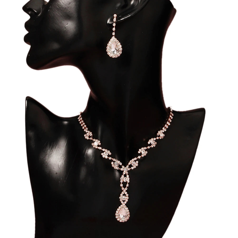 Water Droplets Shaped Zircon Rhinestone Copper Material Necklace and Earrings Set for Women Jewelry Set