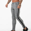 Casual Mens Cotton Slim Fit Men Pants Trousers Skinny Chinos Pants Grey Ankle Length Streetwear Plaid Side Stripe Pants