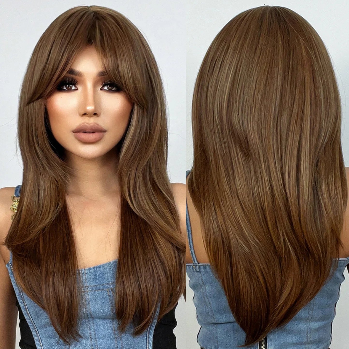 Factory Wholesale Long Brown Straight Layered Wig with Bangs Natural Looking Soft Synthetic Wigs Daily Party Use False Hair