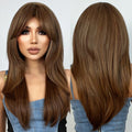 Factory Wholesale Long Brown Straight Layered Wig with Bangs Natural Looking Soft Synthetic Wigs Daily Party Use False Hair