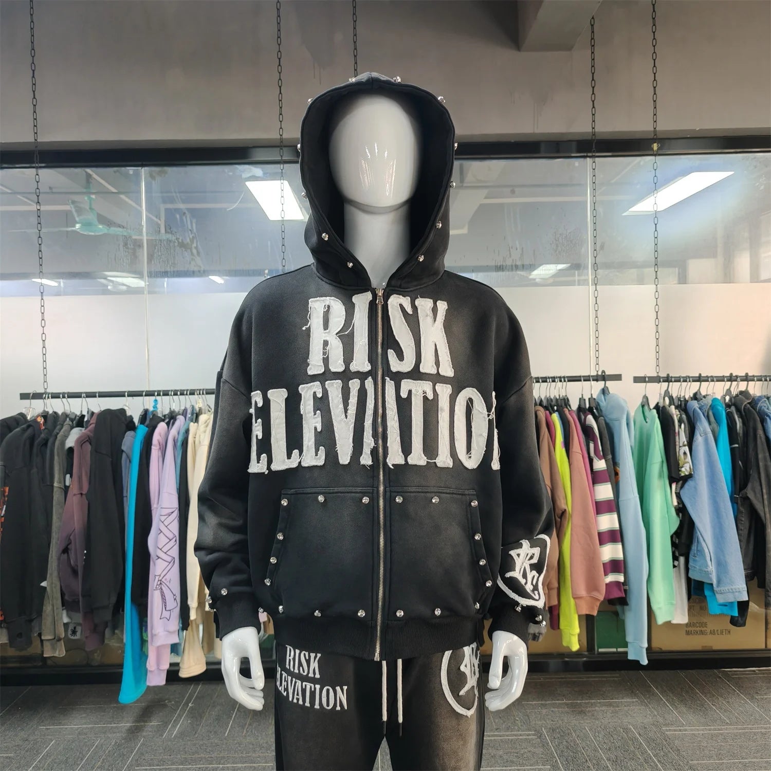 New Design Sample Custom Distressed Applique Patch Letter Two Pieces Sweatpants and Hoodie Sets Acid Washed Tracksuit for Men