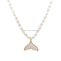 Wholesale18K Real Gold Fresh Water Pearl Necklace Genuine Rice Pearl Necklace Mermaid Tail Charm Choker Necklace for Women