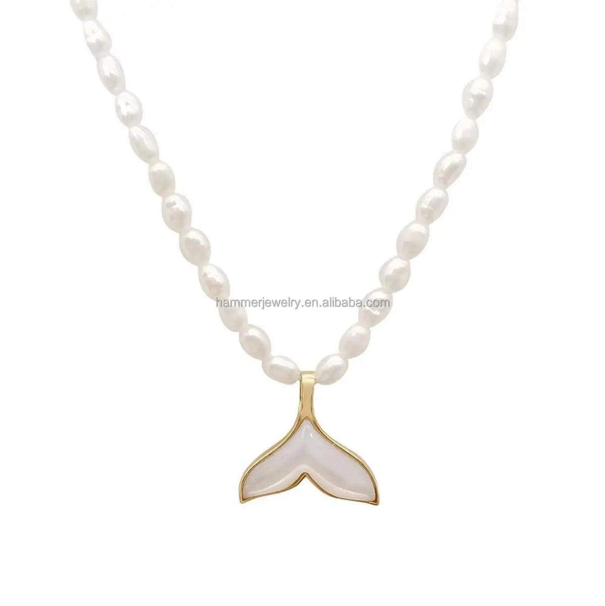 Wholesale18K Real Gold Fresh Water Pearl Necklace Genuine Rice Pearl Necklace Mermaid Tail Charm Choker Necklace for Women