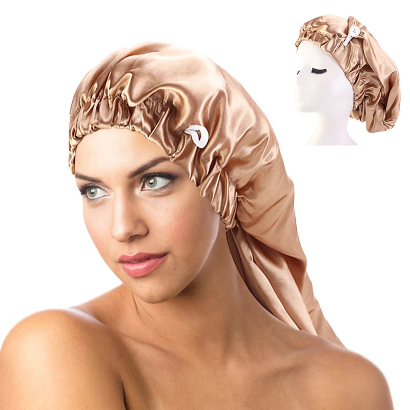 GTOP Wholesale Custom Logo Long Satin Bonnet Sleep Cap With Button High Elastic Night Cap Hair Care Bonnet Chemo Cap for Women