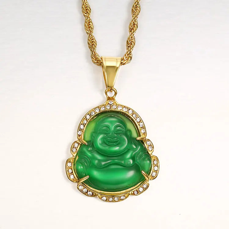 Hot Sale Laughing Buddha Statue Amulet Necklace Dainty Stainless Steel Twist Chain Gold Plated Small Jade Buddha Necklace Women