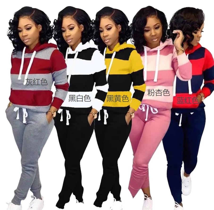 Best Selling Women's Plus Size Two-Piece Set L-5XL Oversized Hooded Sweatshirt Loose Trousers Casual Style Color Matching Collar
