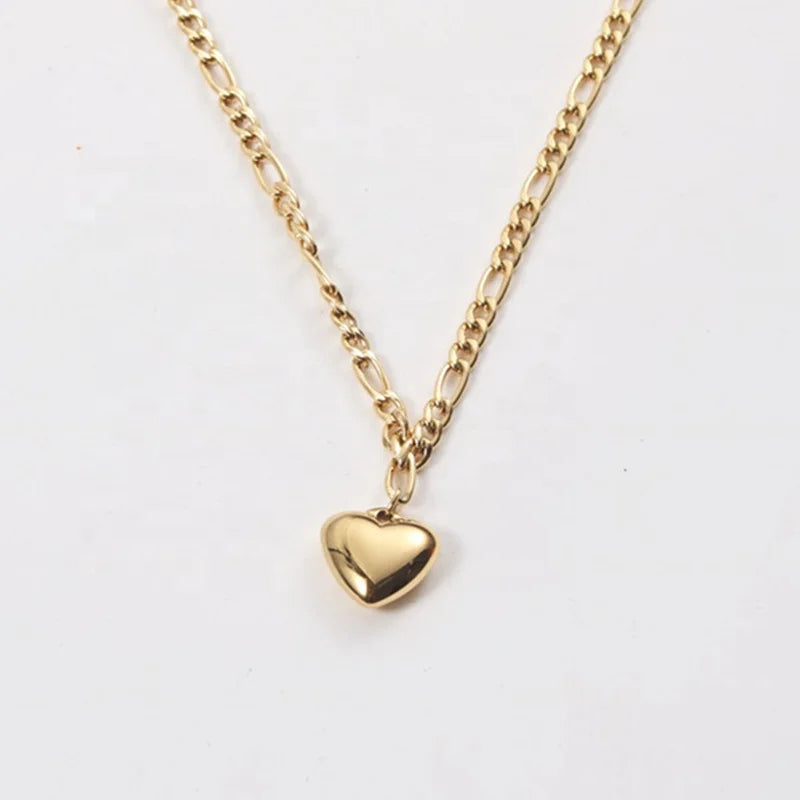 18K Gold Plated Stainless Steel Heart Pendant Necklace With Figaro Chain