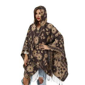 High Quality New Warm Flower Tassel Cloak Women Loose Vintage Hooded Ponchos Autumn Knitted Shawl Cardigan Cloak Split Capes