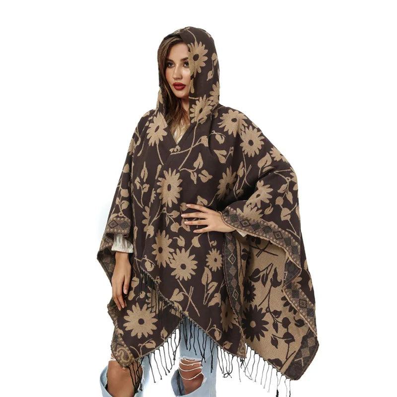 High Quality New Warm Flower Tassel Cloak Women Loose Vintage Hooded Ponchos Autumn Knitted Shawl Cardigan Cloak Split Capes