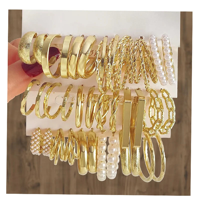 18Pcs/Set Gold Color Square Pearl Multi Layer Twisted Design Hoop Earring Set for Women Jewelry