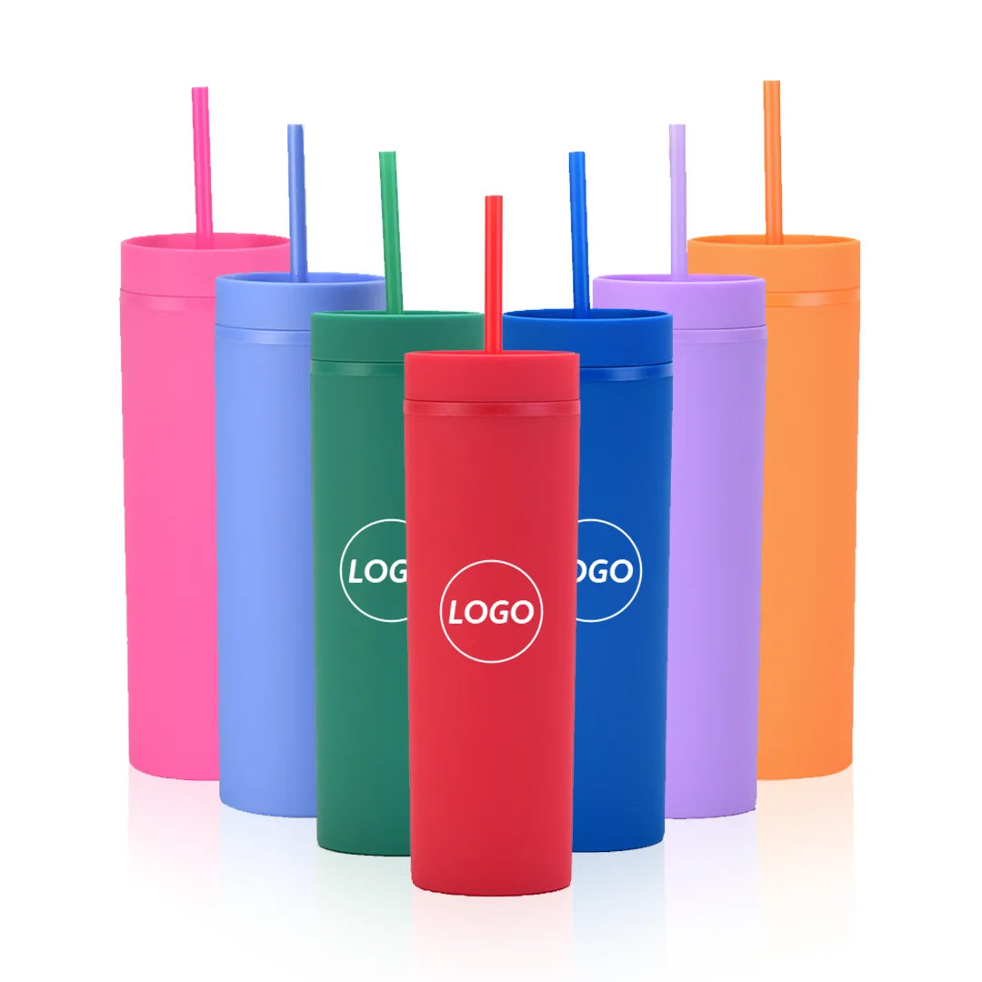 Plastic Skinny Tumbler Cups with Various Colors Stocked BPA Free 16 oz Plastic Water Cup with Lid and Straw