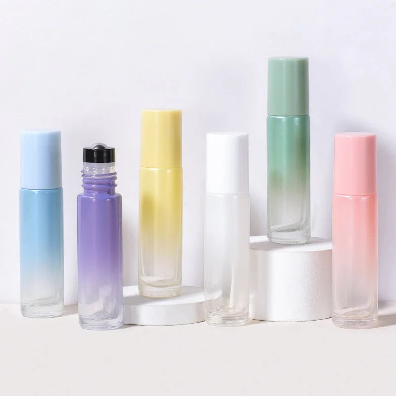 Cosmetic Packaging Metal Roller Ball Glass Bottle 10ml Gradient Peal pink Green Purple  Glass Roller Bottle for Essential Oil