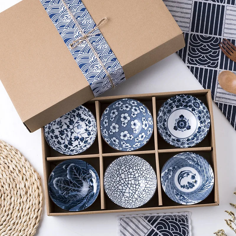 Gift Japanese Colored Hand Painted White and Blue Porcelain Ceramic Food Rice Soup Noodle Ramen Bowl Sets