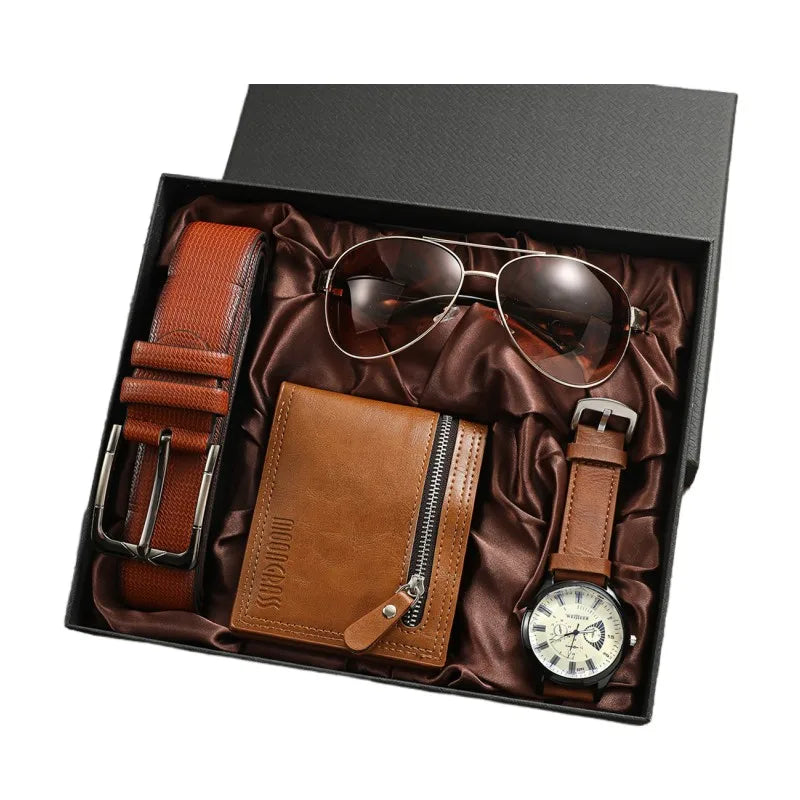 Valentine's Day Gift Exquisite Wallets Box Watch+wallet +belt +glasses 4 Pcs Combination Men's Wallet Set