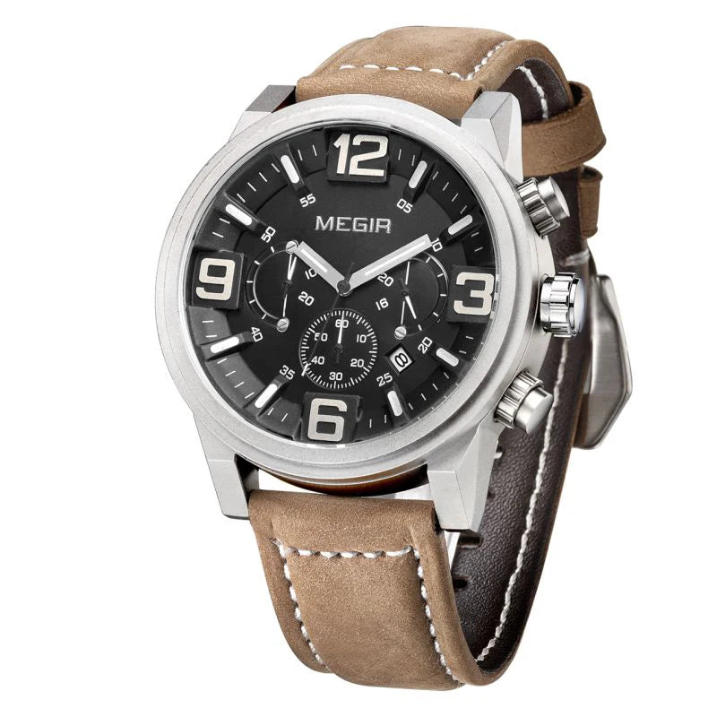Relojes Hombre Megir 3010 Original Brand Luxury Leather Chronograph Watches Classic Quartz Watch