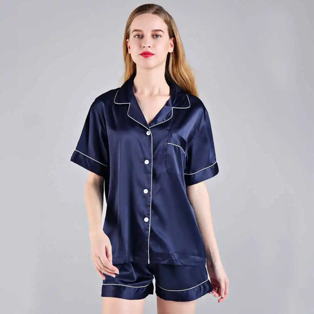 FUNG 3034 Women's Plus Size Solid Short Sleeve Thermal Satin Pajamas Set