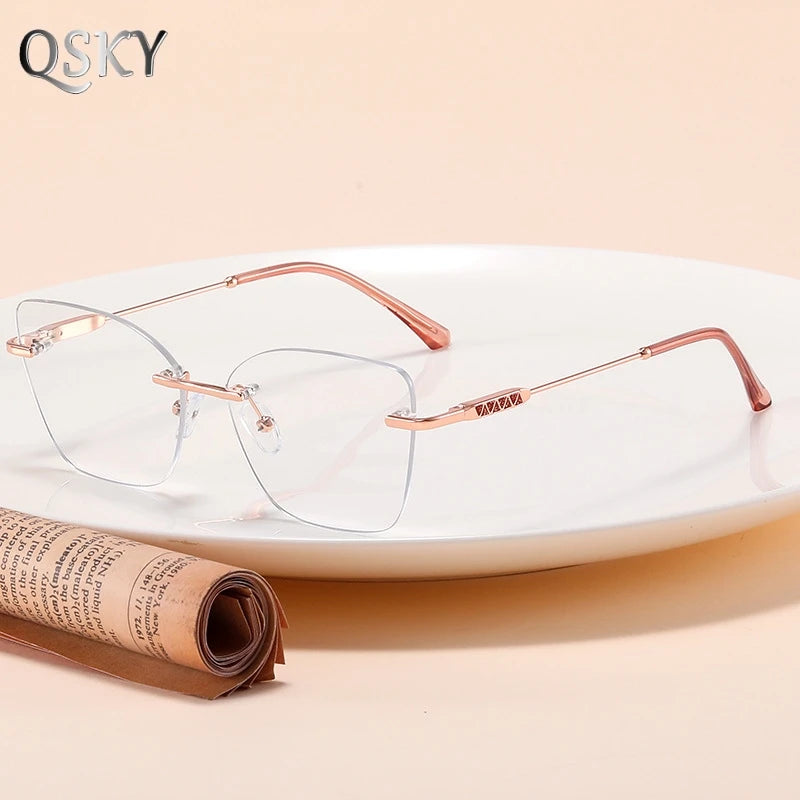 Jiuling Eyewear Custom Frameless Cat Eye Myopia Optical Lens Spectacles Rimless Anti Blue Light Eyeglasses for Women Student