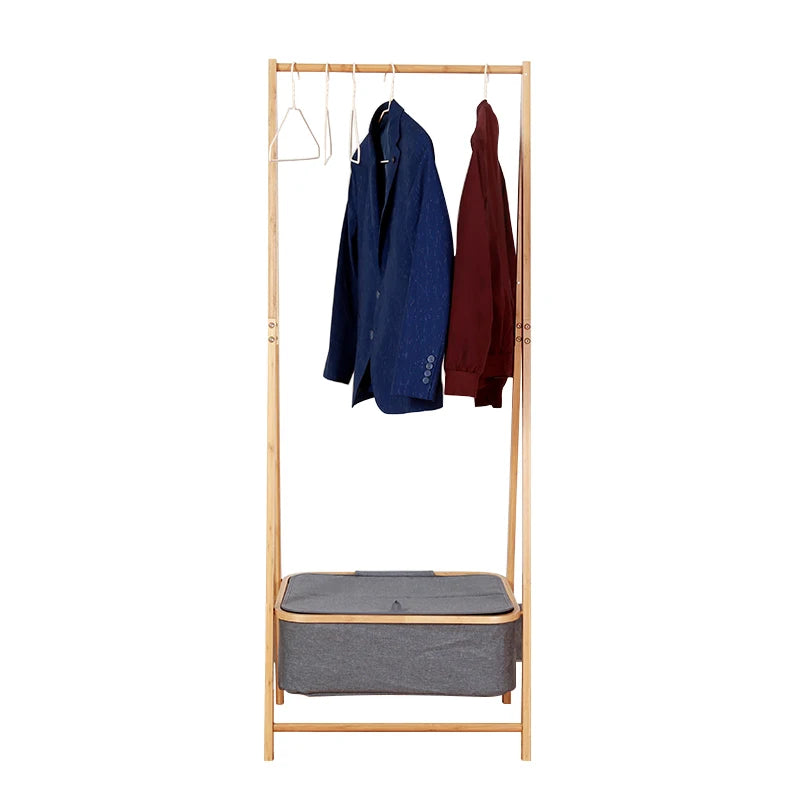 Apartment Bamboo Clothing Rack Foldable Clothes Hanging Stand with 2 Tier Storage Shelf for Laundry