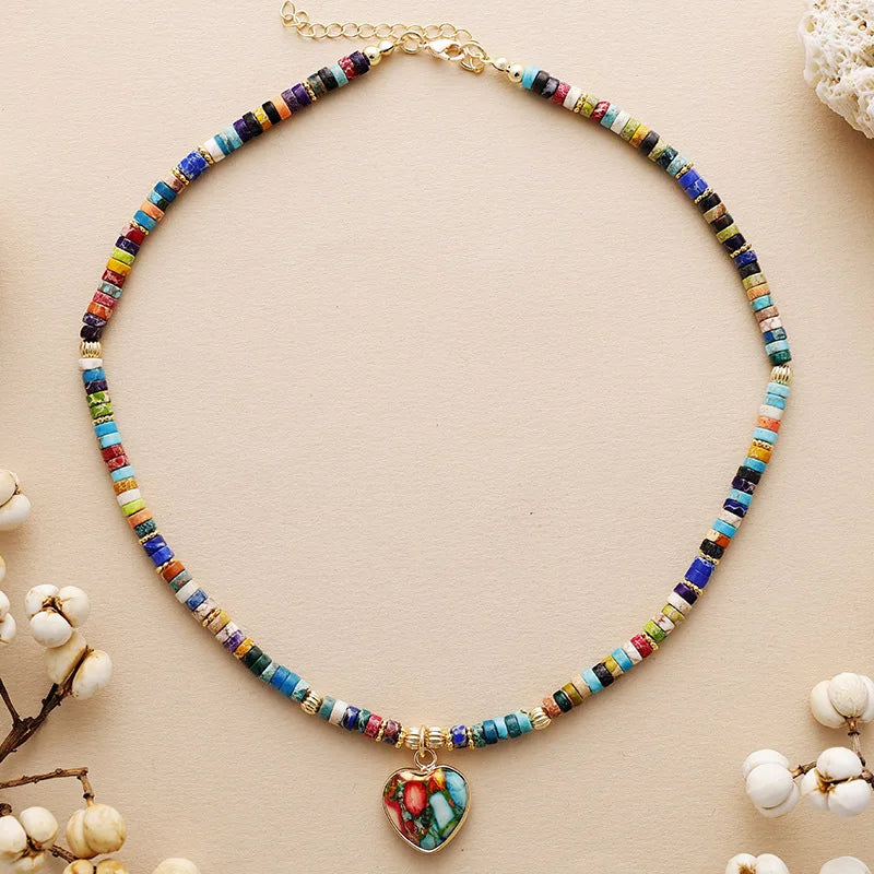 New Fashion Luxury Rainbow Chakra Heart Charm Pendant Stone Choker Necklace for Gift