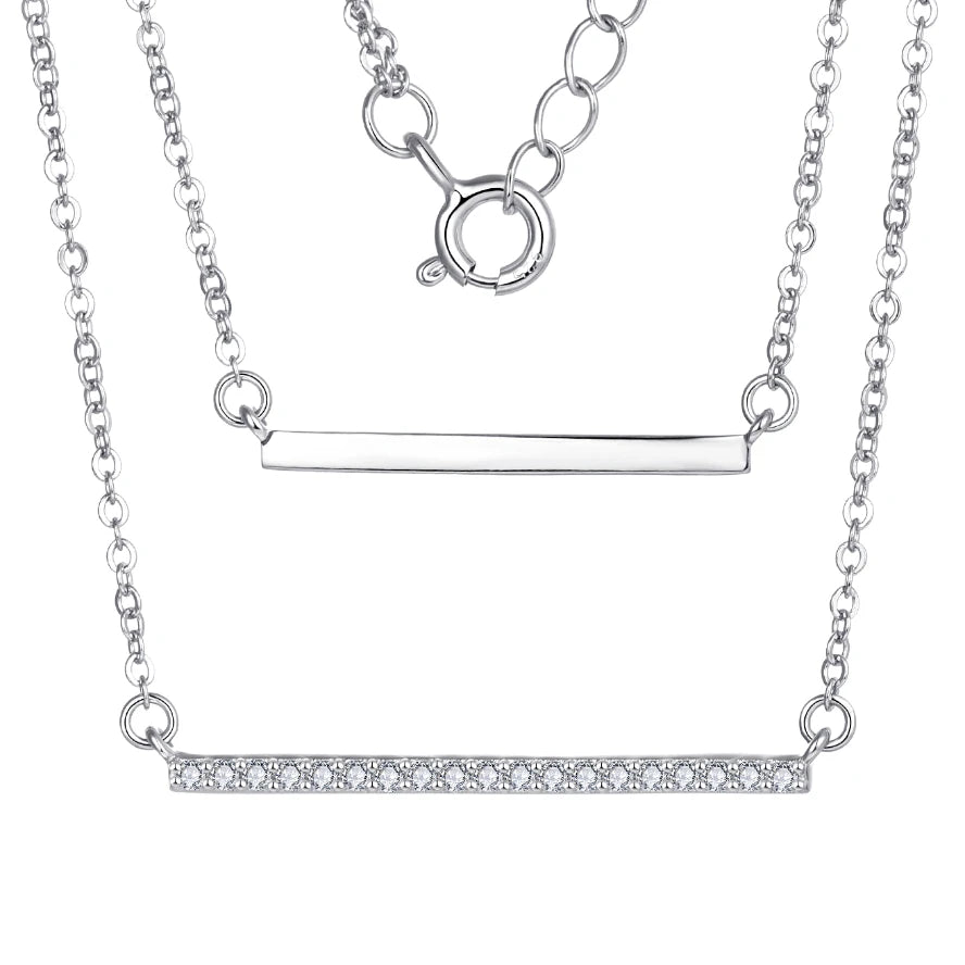 Double Layer Necklace Cubic Zirconia Sterling Silver Choker Jewelry Inlaid Bar Pendant Necklace for Women Girls Gifts
