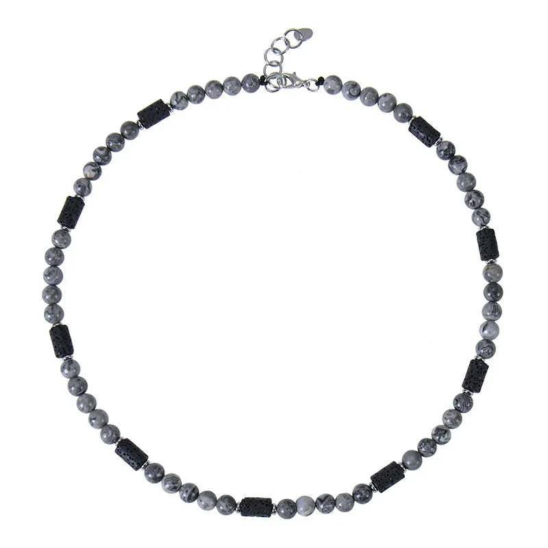 Cross-Border Vintage 6mm Volcanic Stone Beaded Necklace for Men & Women Blue Map Stone Clavicle Chain Retro Fashion Style