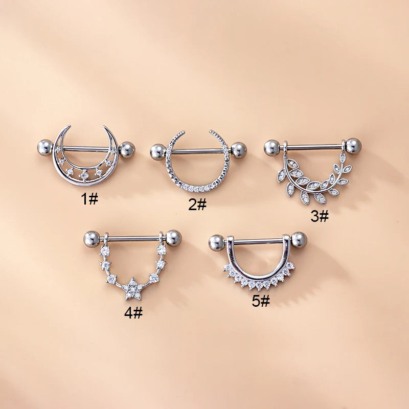 HENGSEN New 361L Stainless Steel Barbell Nipple Piercing Curve Copper Crystal CZ Paved Nipple Rings Women Body Jewelry