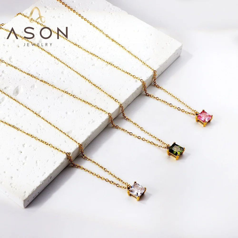Ason Dainty Fashion Design Shining Square Zircon Statement Pendant Necklace 18K Gold Plated Stainless Steel Necklace for Women