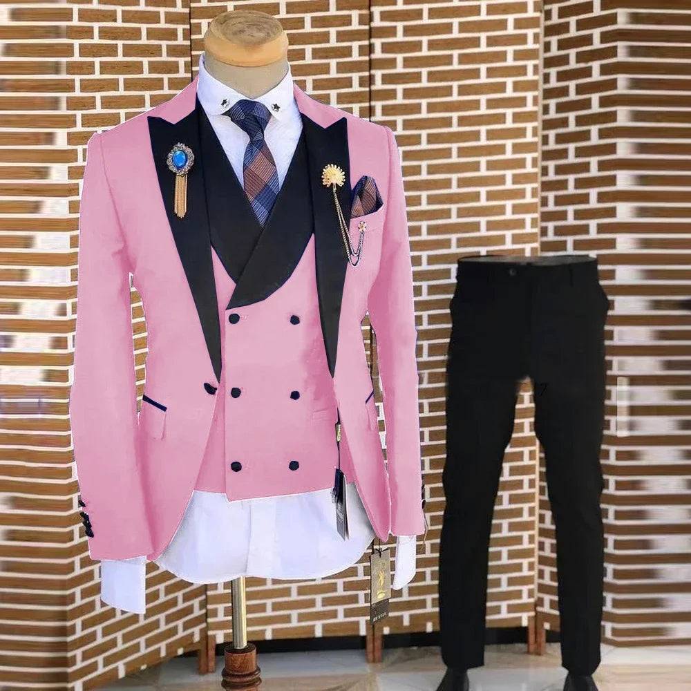 Elegant Pink Wedding Men Suits 3 Pieces Tuxedo Peaked Lapel Party Man Dress Men'S Slim Blazer Vest Pants Male Luxury Suits Sets