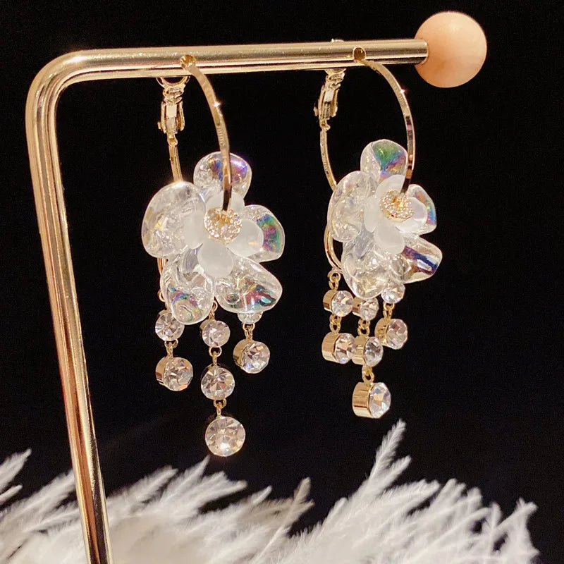 Elegant Personalized S925 Silver Needle Earrings Flower Crystal Earrings 14K Gold Plated Long Earrings