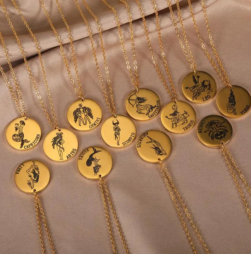 Stainless Steel 12 Constellations Circular Pendant Necklace Stainless Steel Pendant Necklace 18k Titanium Steel Chain