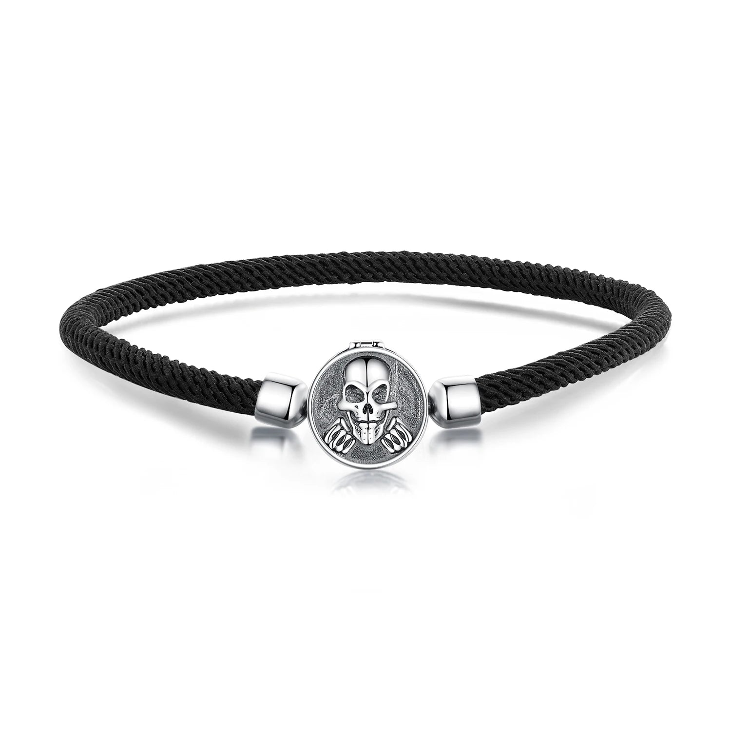 925 Sterling Silver Rebel Skull Bracelet with Black Waxed Cord Punk Rock Wrist Wrap for Men Women DIY Charm Base Bracelet SCB247