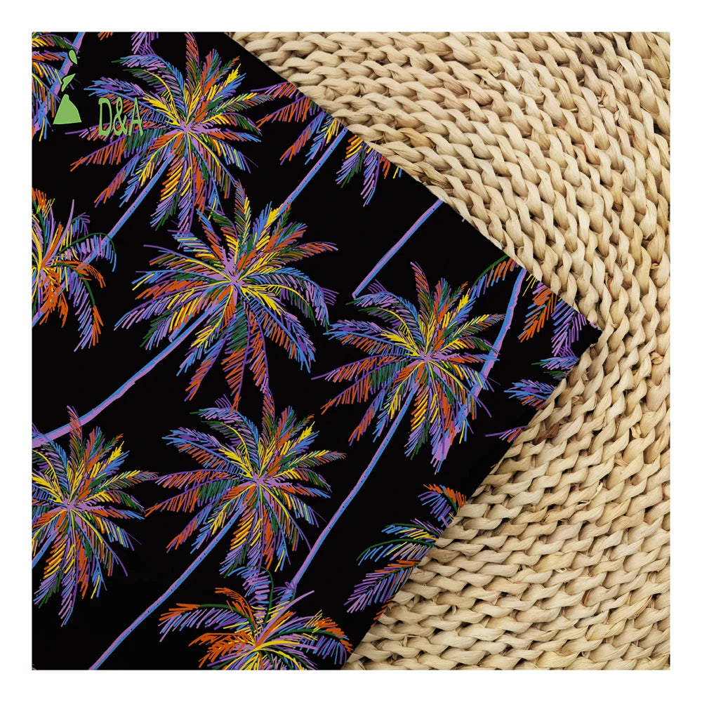 Summer Colorful Palm Tree & Black Background Printed Fabric 100% Polyester Satin Fabric for Garment