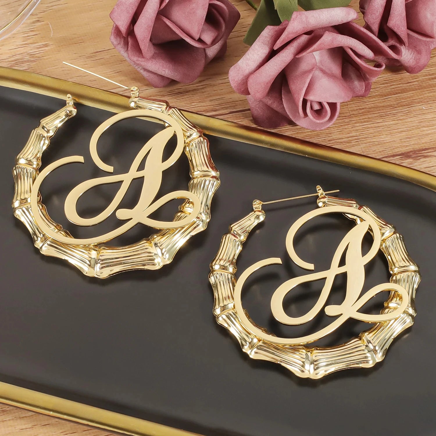 Customized Stainless Steel Cursive Name Bamboo Joint Hoop Earrings